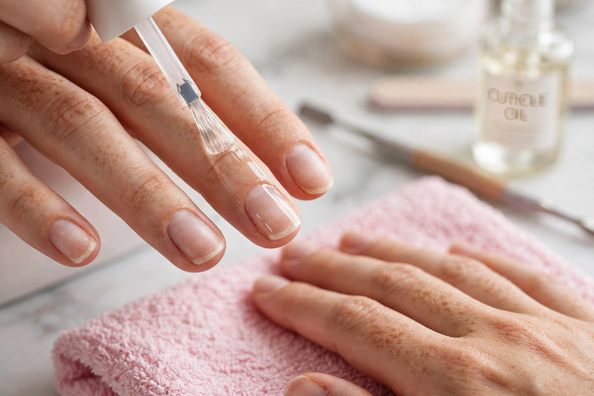 Applying a thin layer of gel base coat to natural nails with a polish brush at home