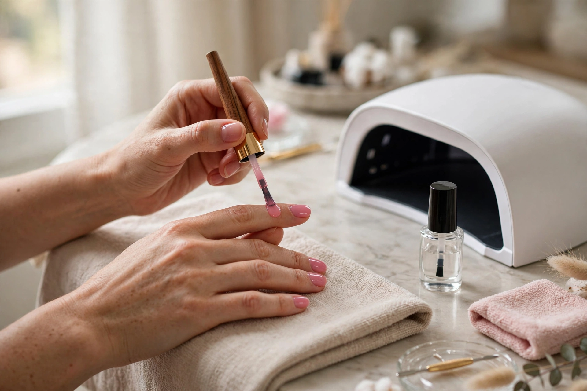 Applying a pink gel polish color coat at home with a UV lamp nearby