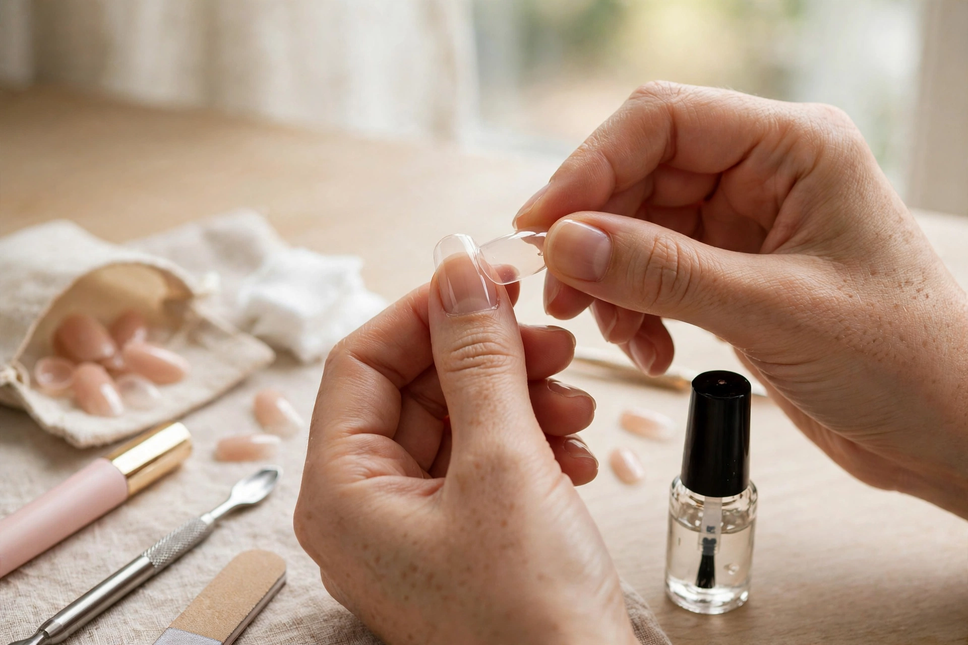 Applying a press-on nail with brush-on nail glue at home