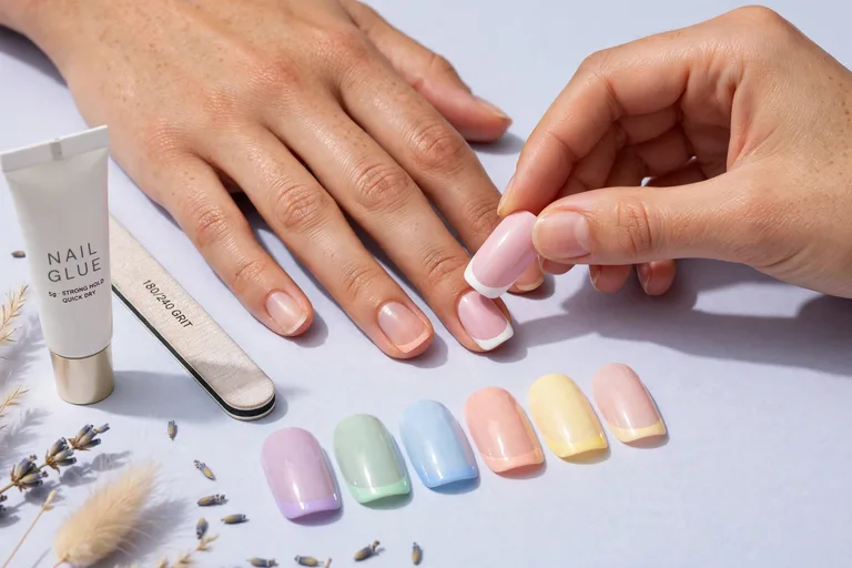 Colored French tip press-on nails kit with nail glue and file