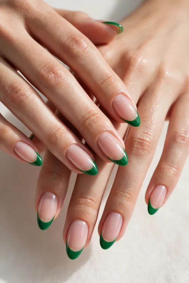 Green French tip nails on almond-shaped nails with a sheer nude base