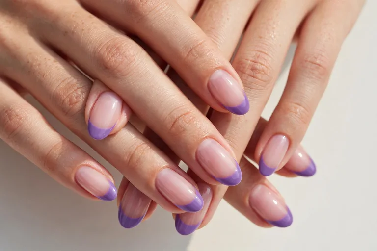 Purple French tip nails on oval-shaped nails