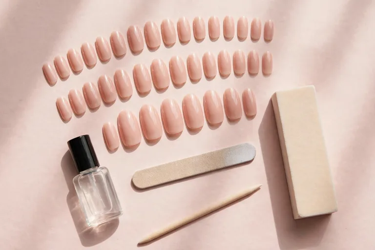 A complete fake nail kit with press-on nails in different sizes, nail glue, mini file, buffer, and cuticle stick