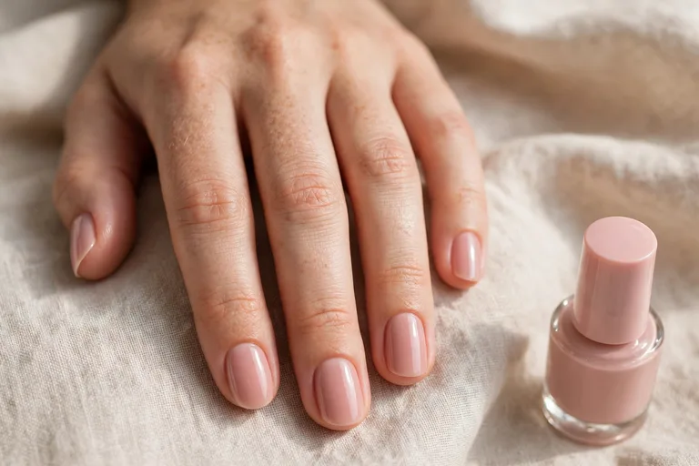 Hand with short natural-looking fake nails in a soft nude pink shade