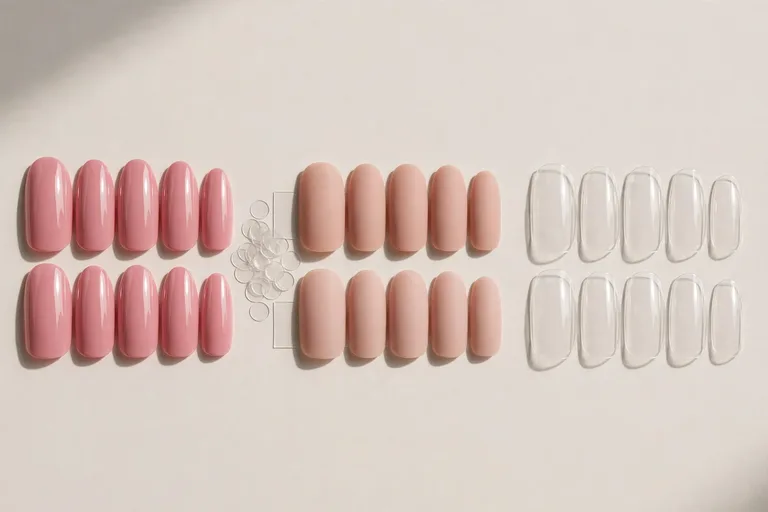 Three types of fake nails: glue-on press-ons, self-adhesive tab press-ons, and full-cover nail tips