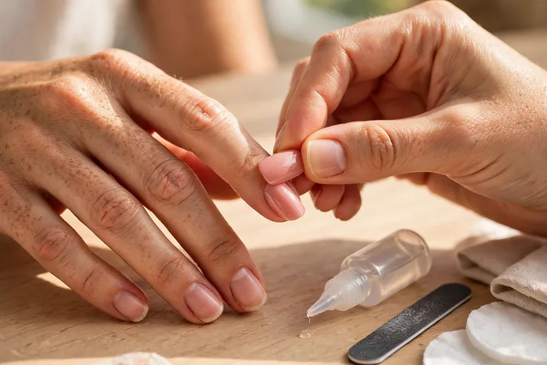 Applying a nude pink press-on fake nail at home with nail glue