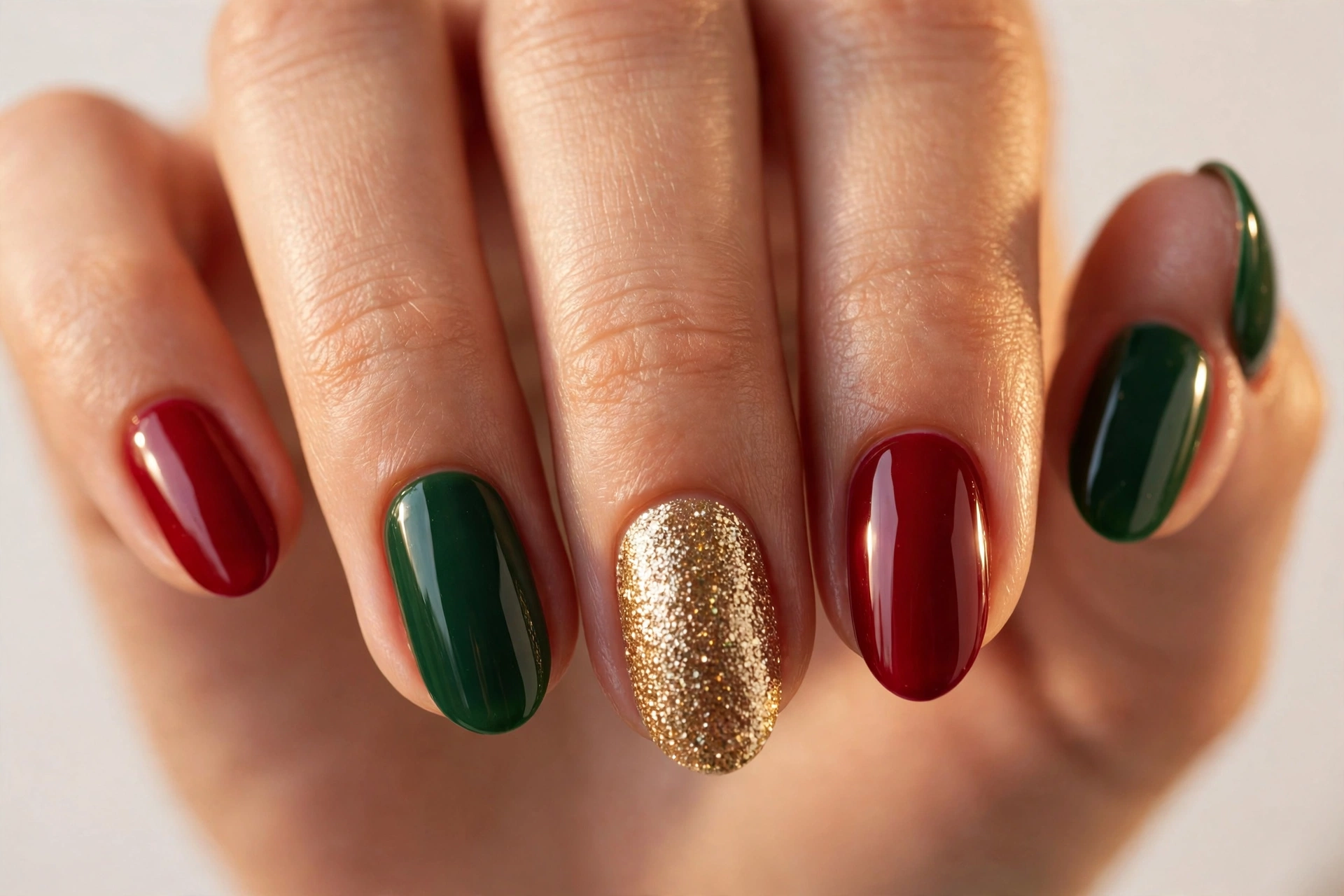Classic Christmas nails in deep red, forest green and gold glitter
