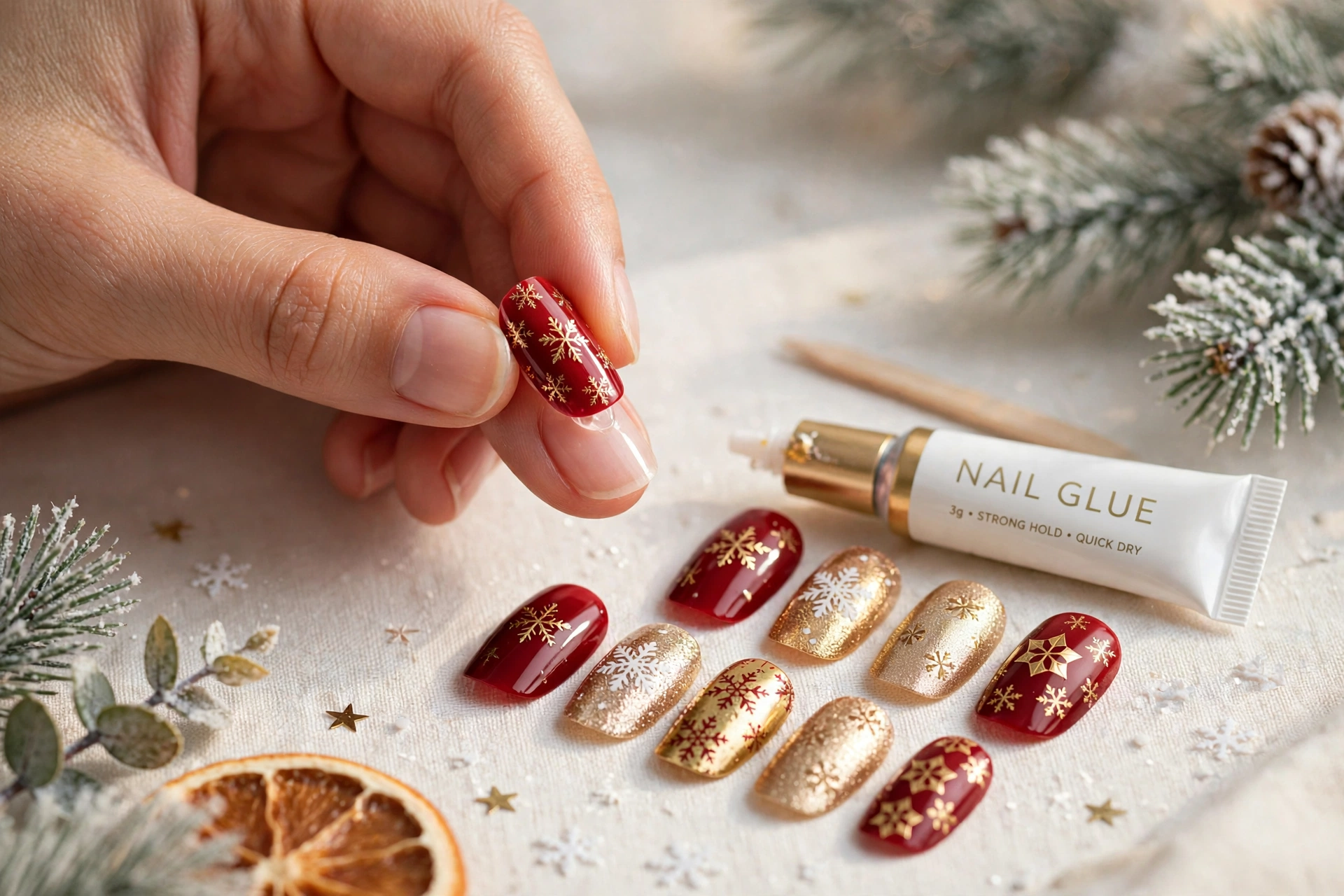 Short almond Christmas press-on nails set with nail glue