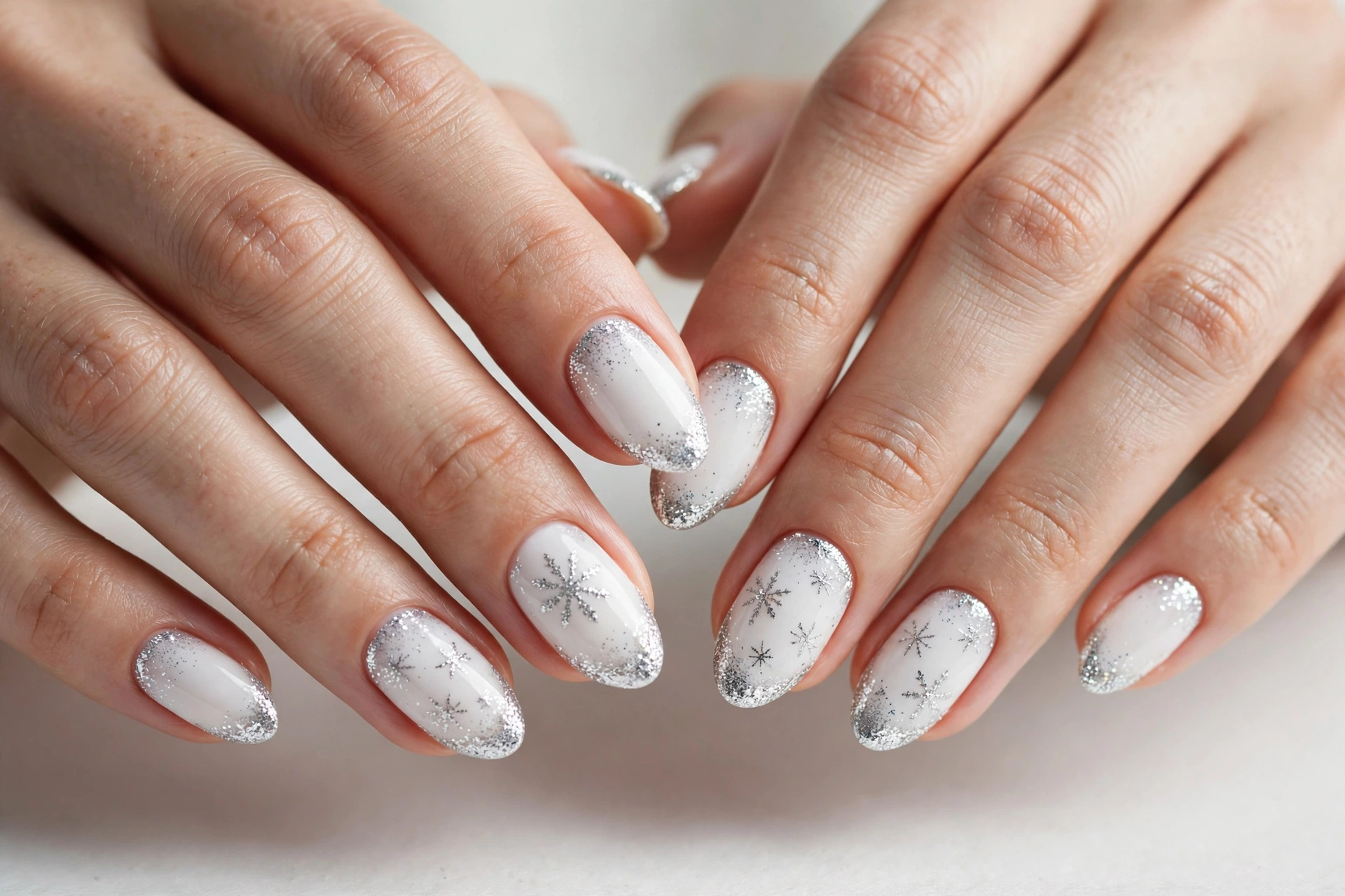 Christmas press-on nails with snowy white and silver glitter designs