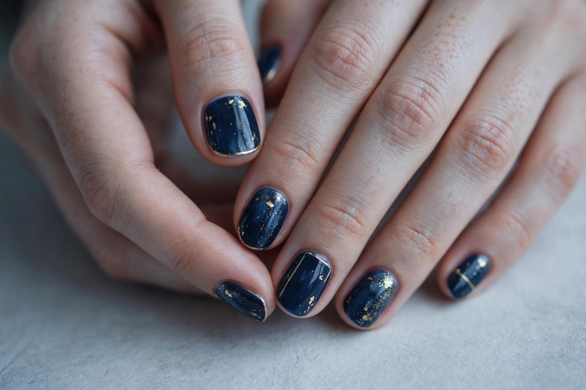 Classy winter nails in deep navy blue with delicate gold accents