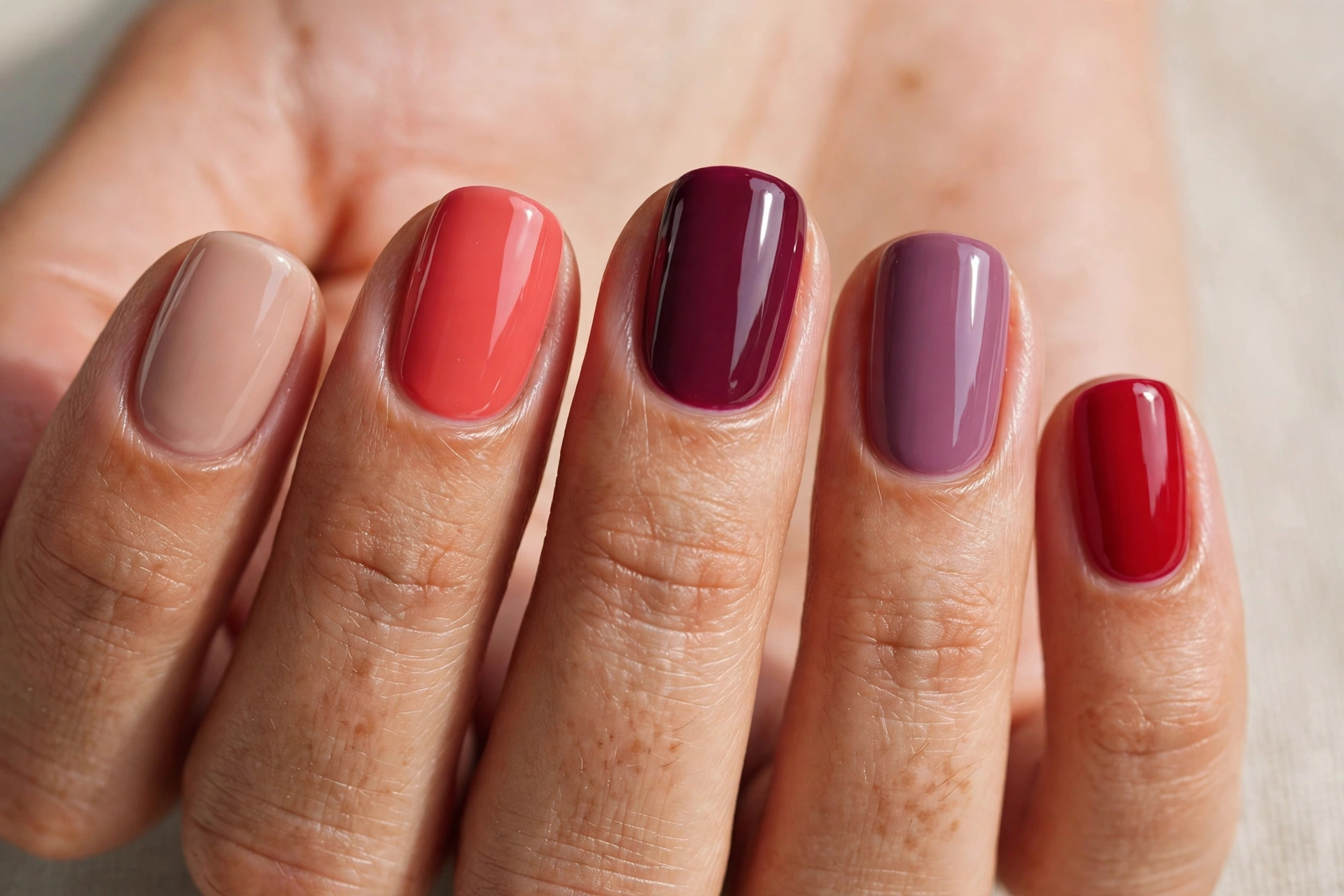 Hand showing five gel nail polish shades: nude, coral, berry, mauve and red