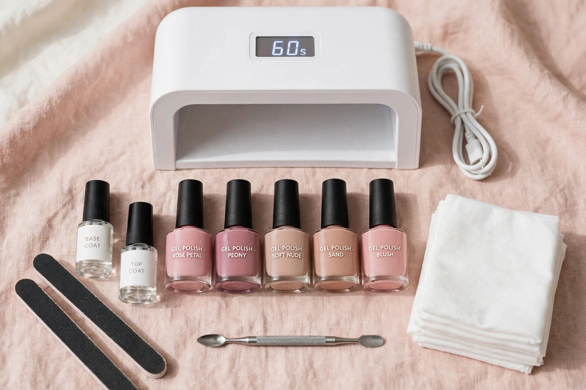 Complete gel nail kit with UV LED lamp, gel polish bottles, base coat, top coat and nail prep tools arranged on a pink surface