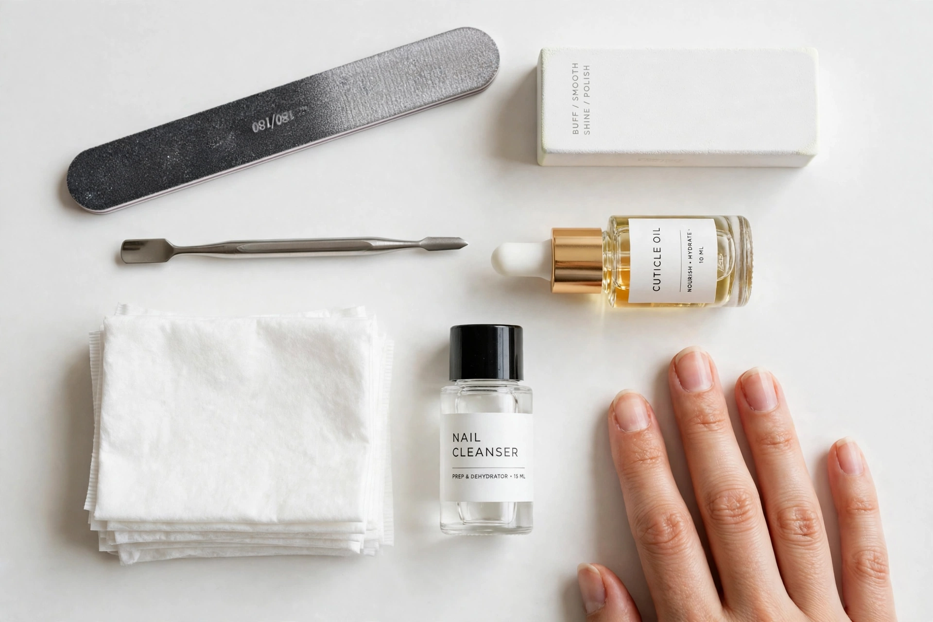 Gel nail prep tools including a nail file, buffer block, cuticle pusher, cuticle oil and lint-free wipes