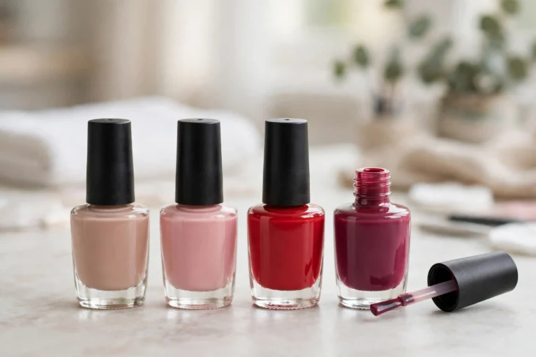 Collection of gel nail polish bottles in nude, pink, red and berry shades