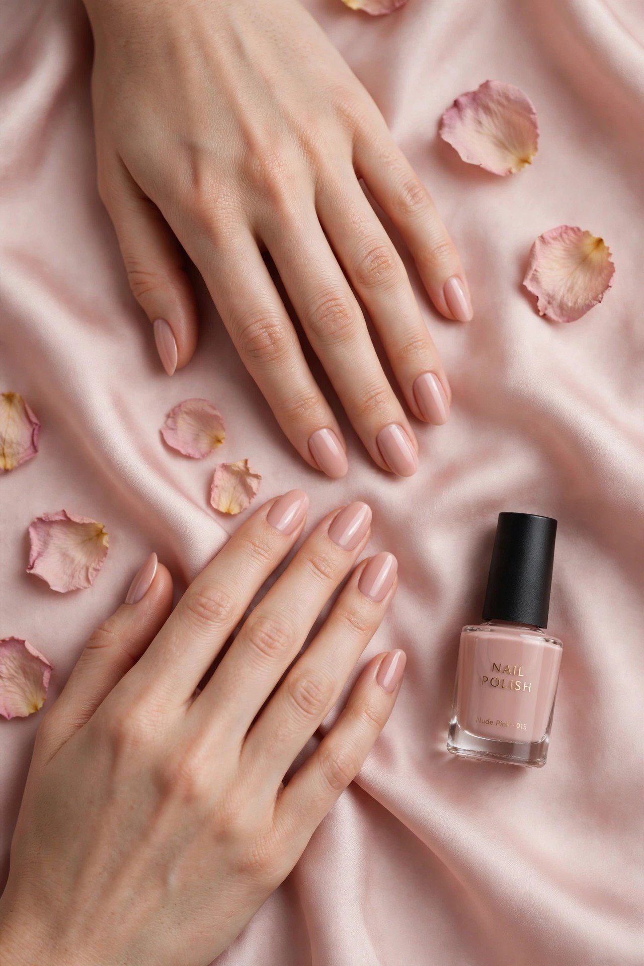 Oval nails with nude pink polish on blush silk