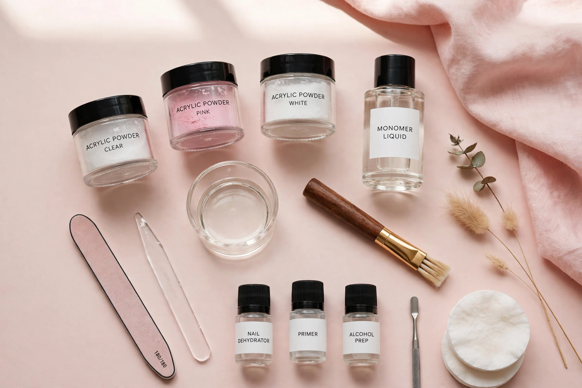 Acrylic nail kit with powder, monomer liquid, brush, and nail preparation tools