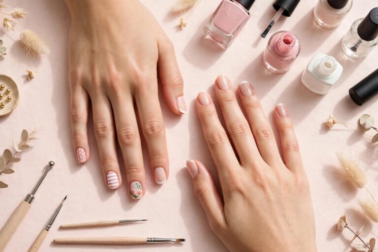 Nail art designs flat lay with polka dot, striped, floral and French manicures on a blush pink background
