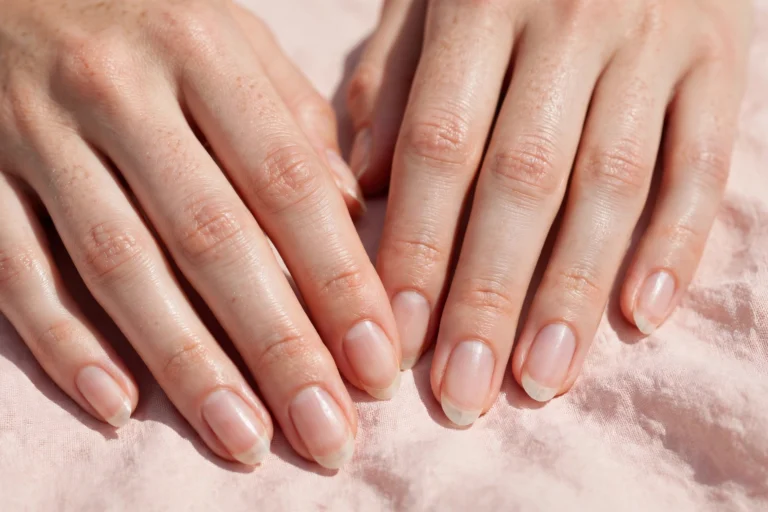 Natural fingernails with a free edge extending a few millimeters beyond the fingertips