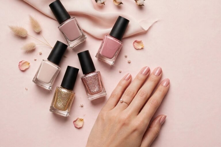 Nail polish bottles in different finishes beside a neat manicure