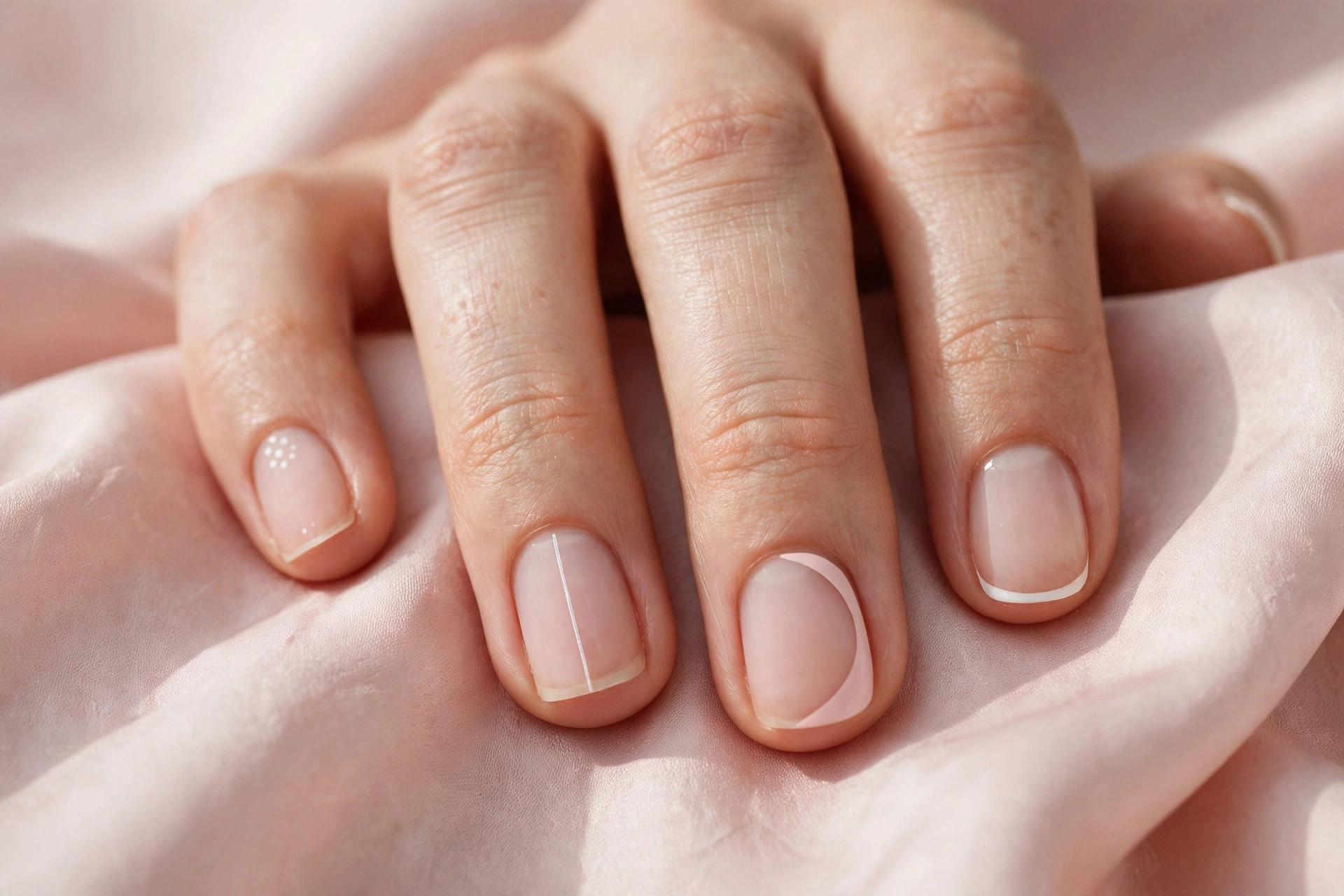 Simple short nail designs featuring dots, vertical lines, negative space, and mini French tips