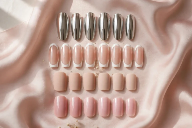 Press-on nails in different lengths, colors, and finishes.