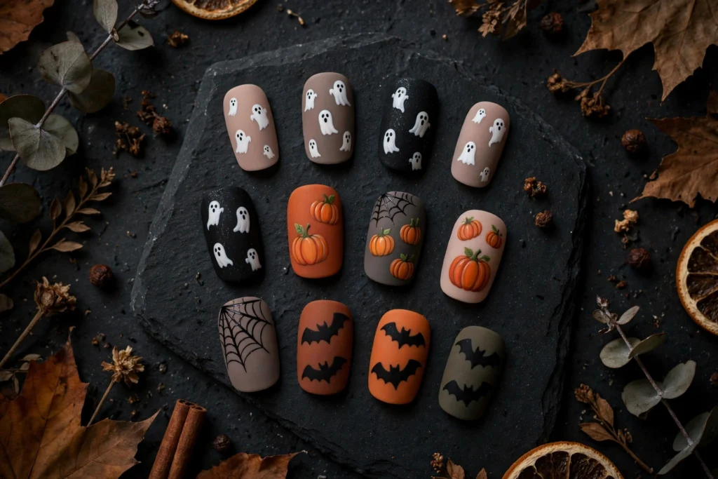 Halloween nail art ideas — ghost, pumpkin, spiderweb and bat designs