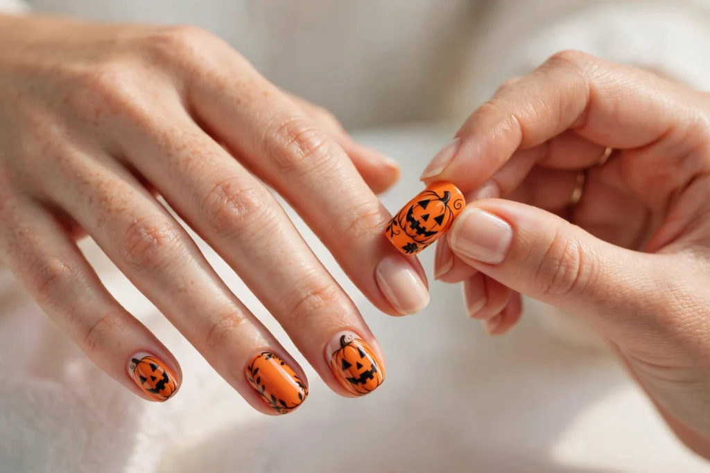 Applying Halloween fake press-on nails at home