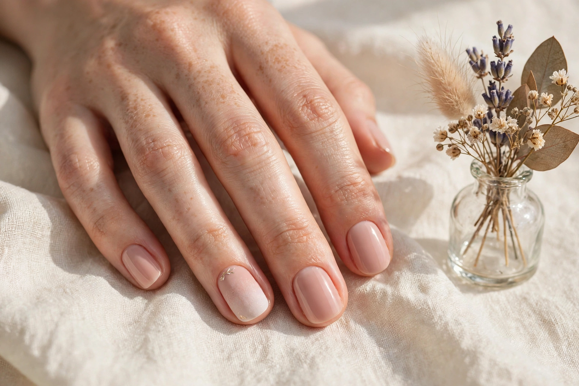 img2-designs Short natural nails with nude polish, accent art, and a soft ombre design