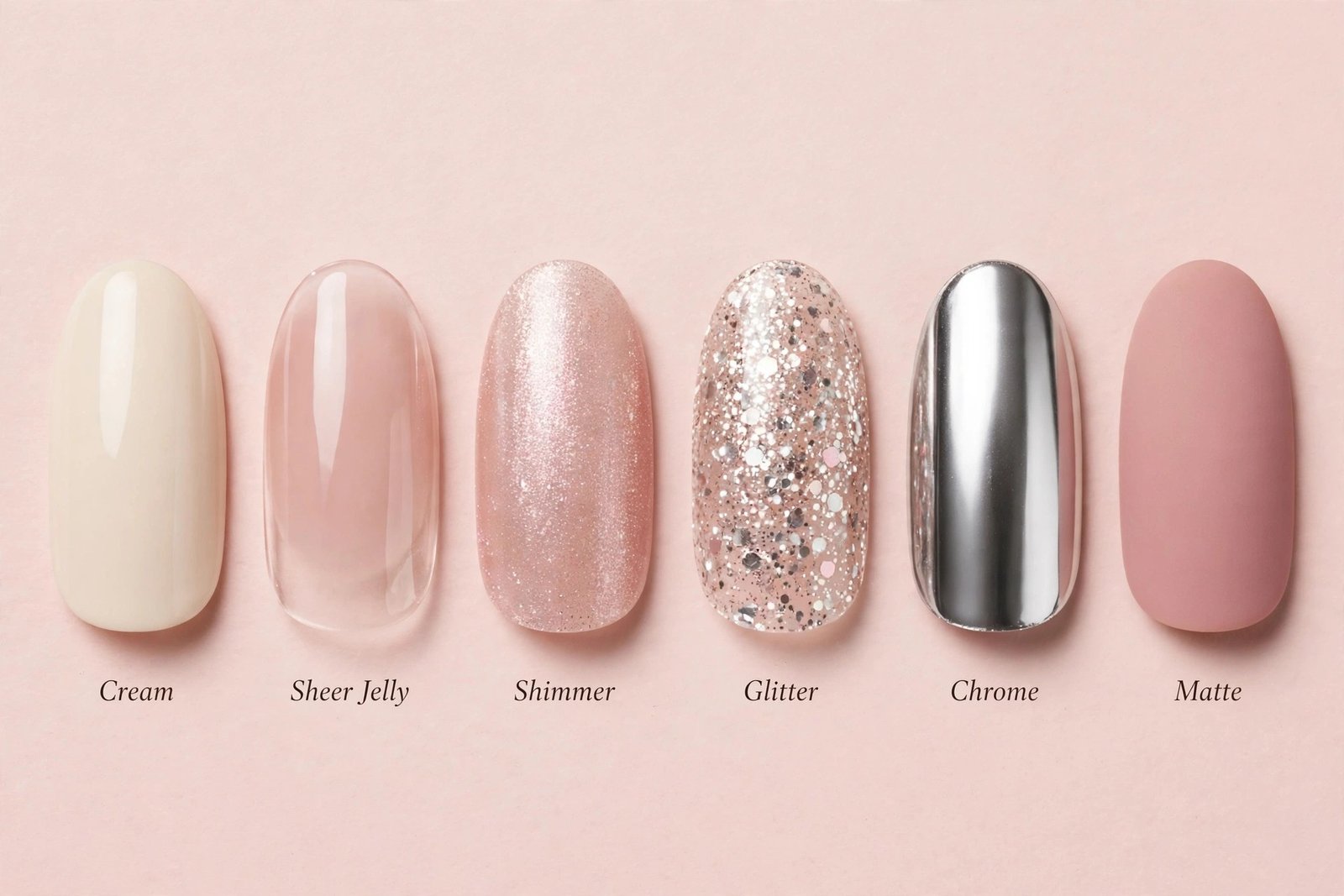 Examples of cream, sheer, shimmer, glitter, chrome, and matte nail polish finishes