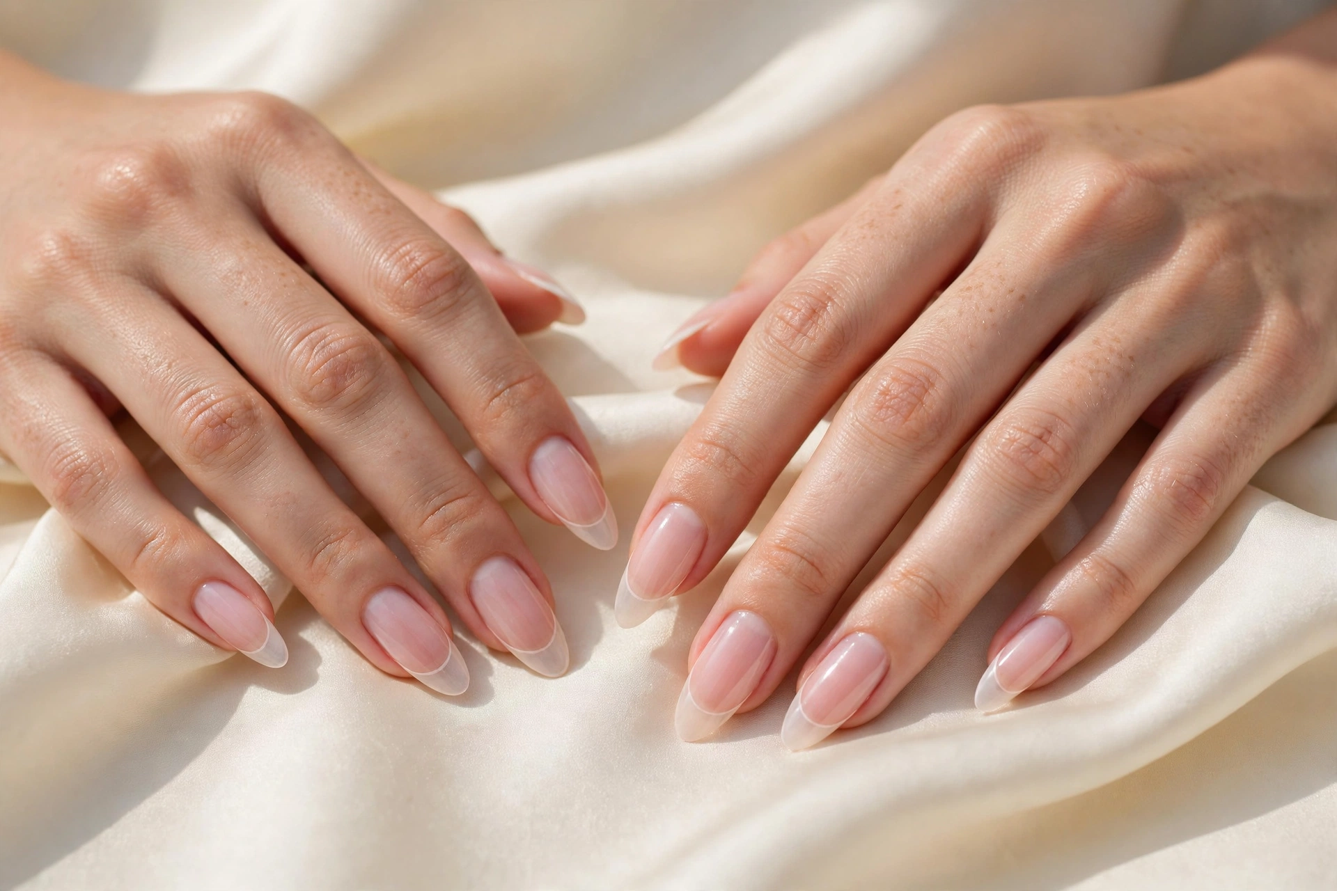 Long natural nails with a sheer pink base and fine white French tips