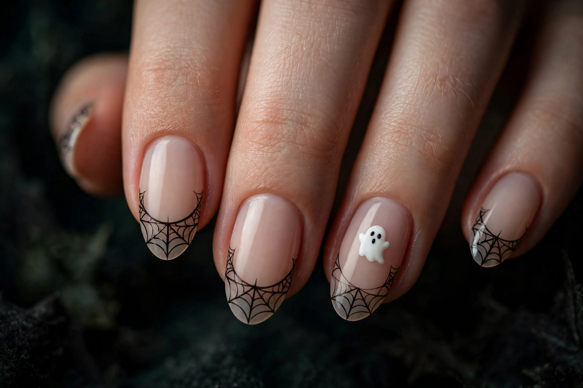 Halloween nails with black spiderweb French tips and a ghost accent.