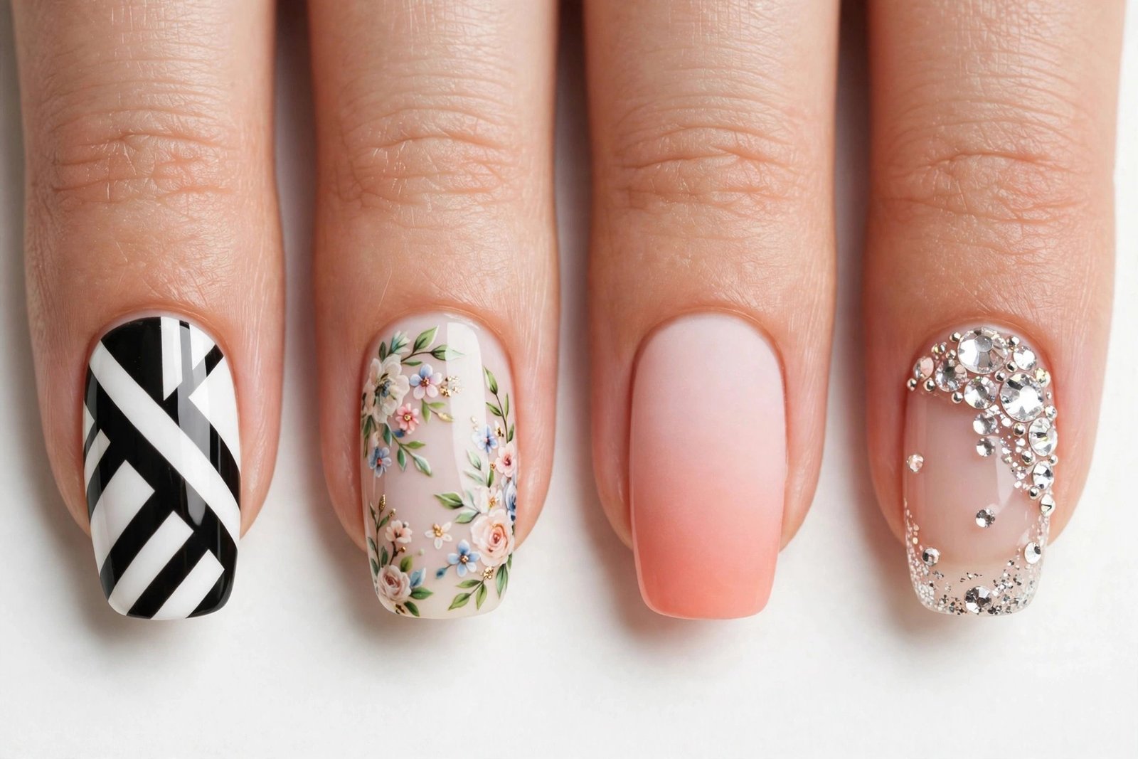 Comparison of graphic, hand-painted floral, ombre gradient and rhinestone nail art styles