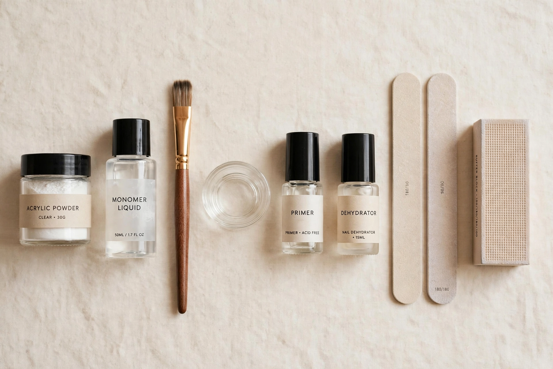 Essential acrylic nail supplies including powder, monomer, brush, primer, dehydrator, and files