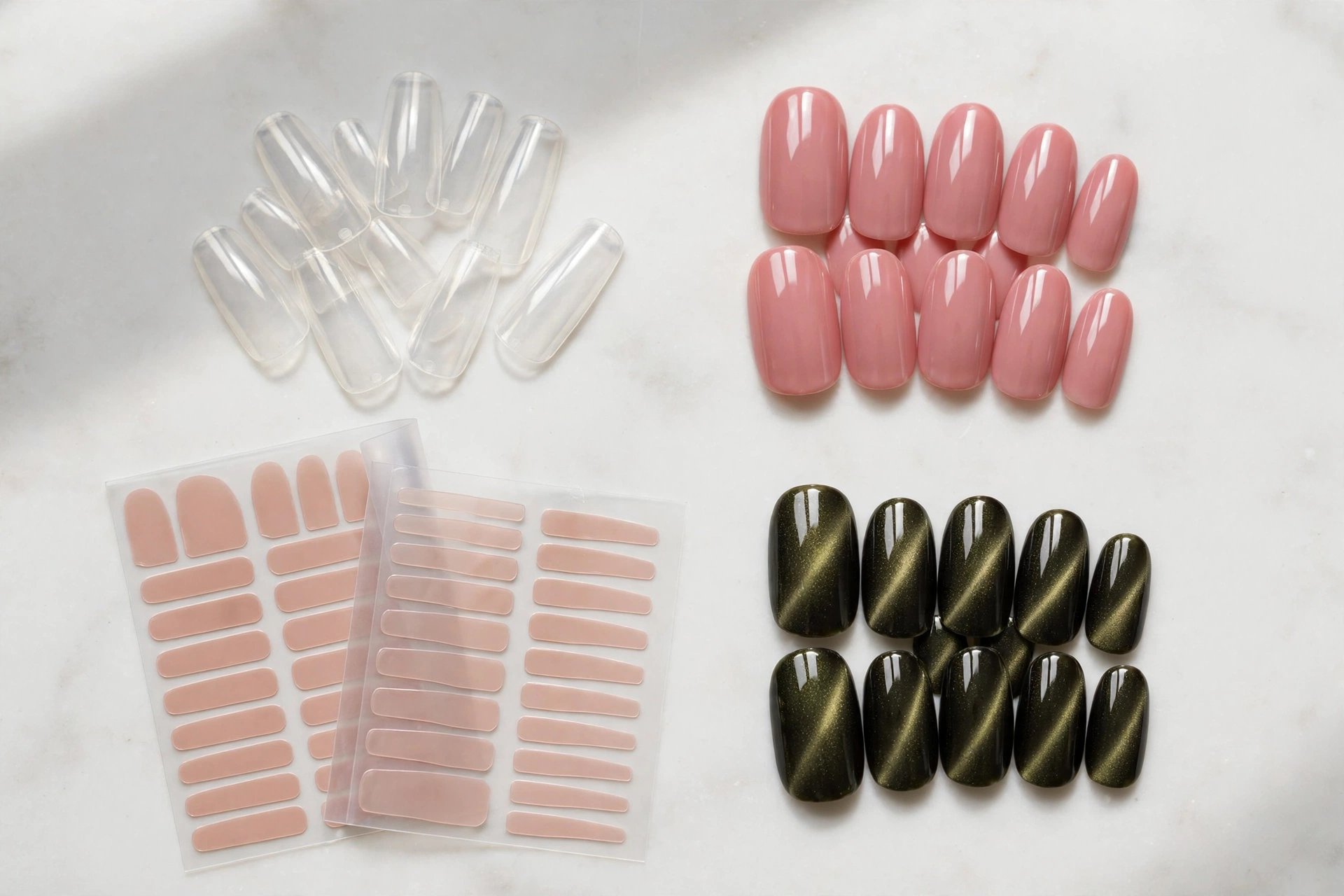 Different types of press-on nails and at-home nail products.