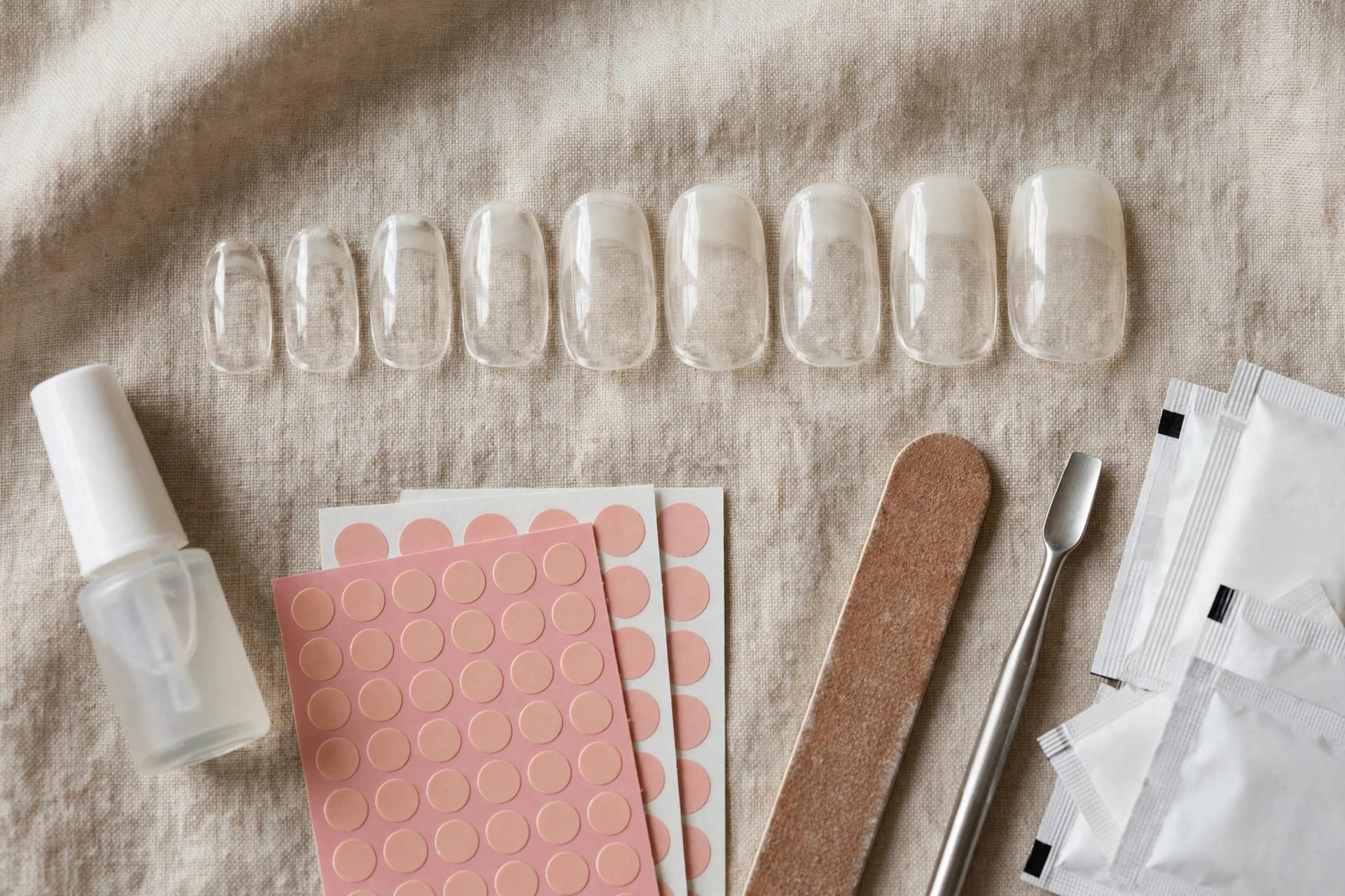 Press-on nail application tools and correctly sized artificial nail tips.