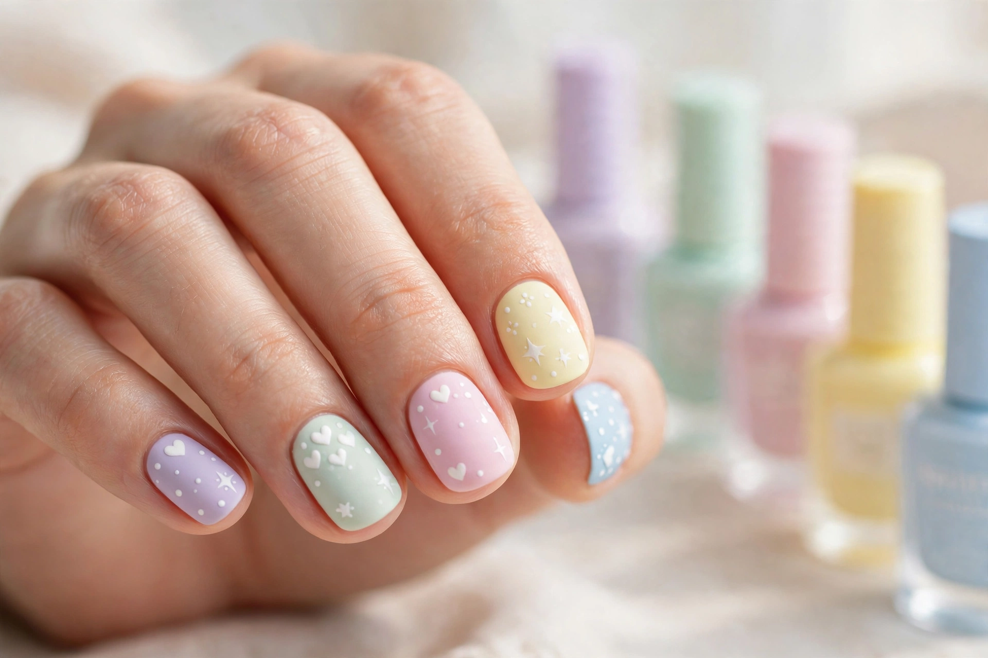 img3-cute Cute nail designs for short nails with tiny pastel hearts, stars, and dots