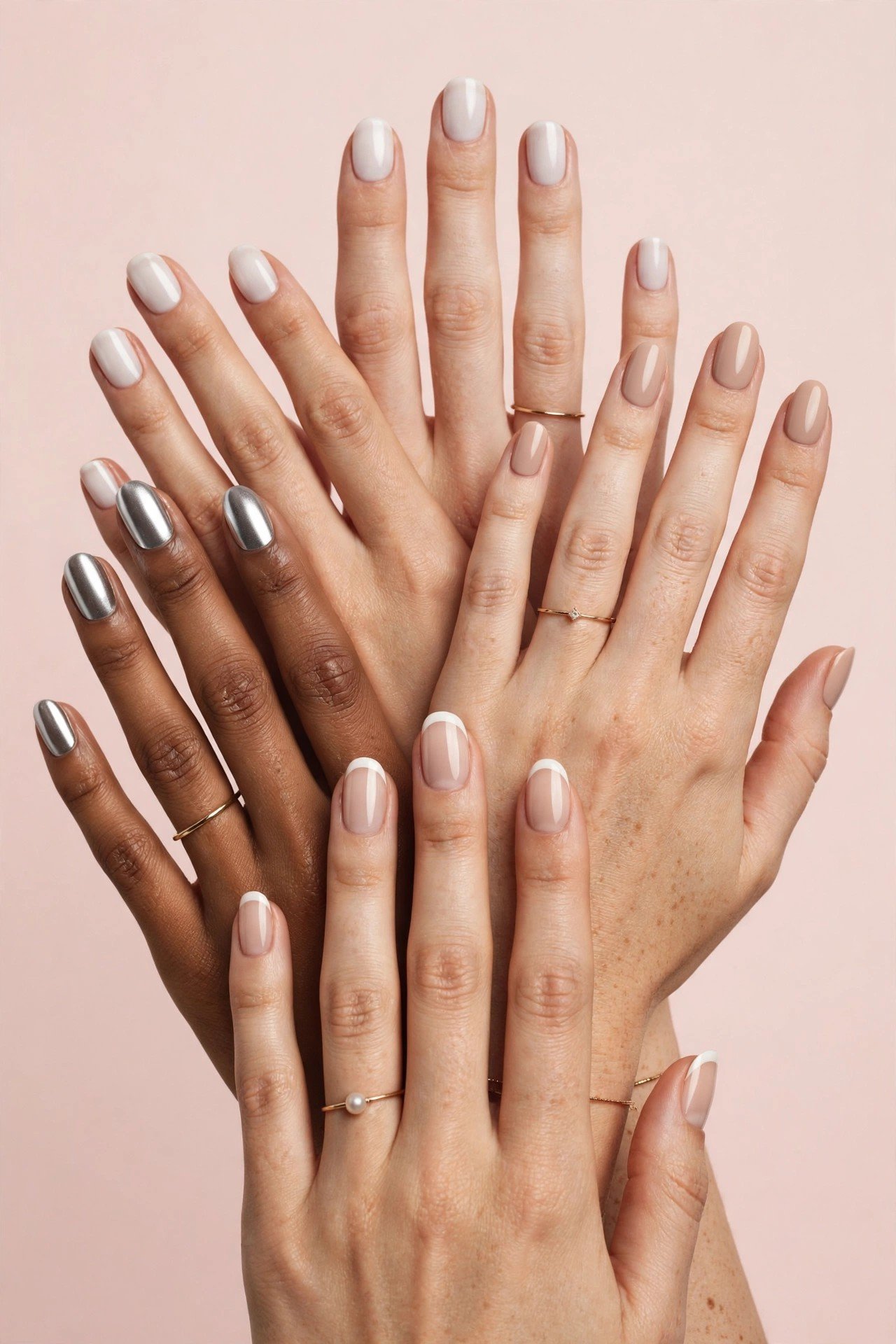 Oval nail designs: French, chrome, nude and milky white