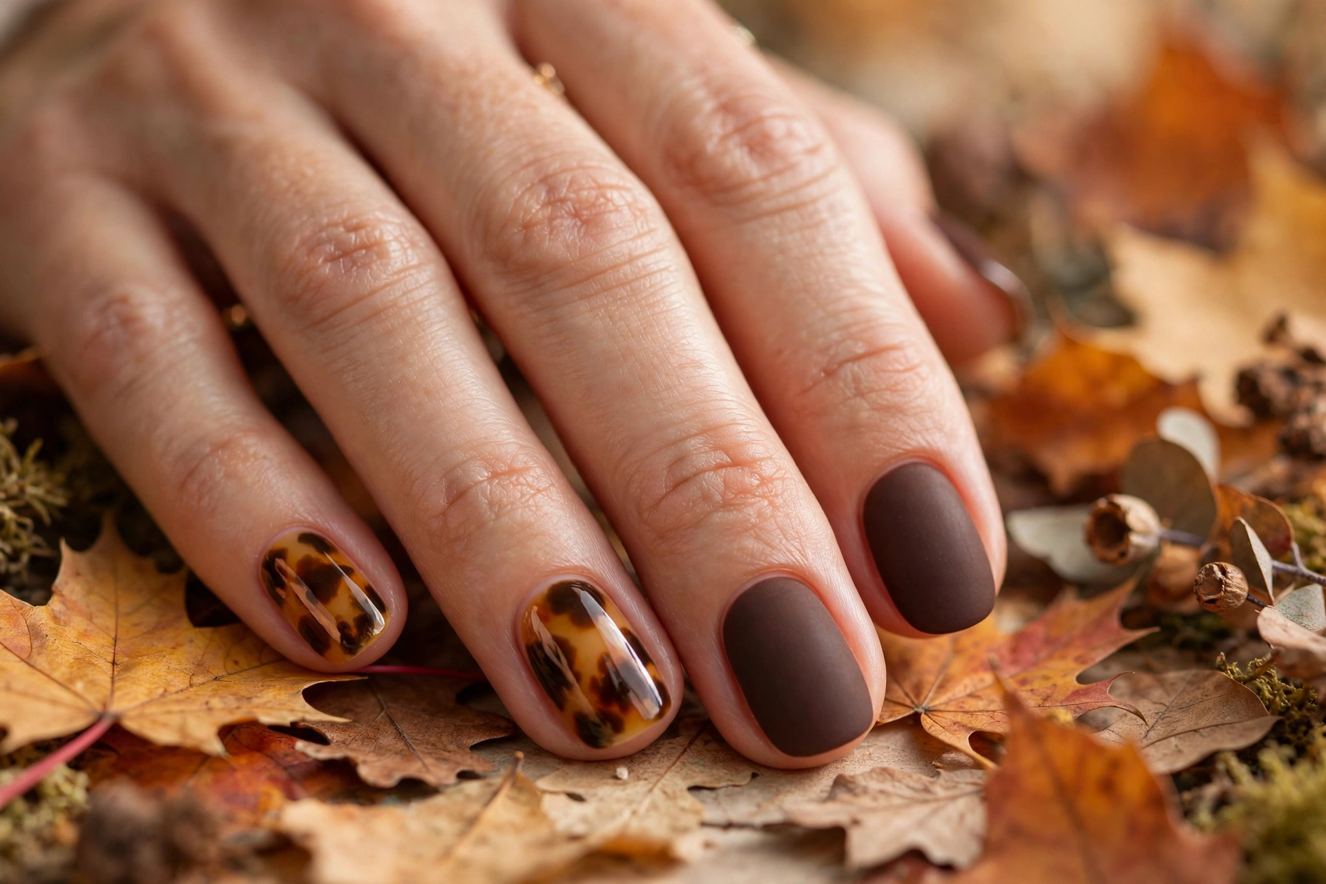 Fall nail designs with tortoiseshell patterns and warm brown polish.