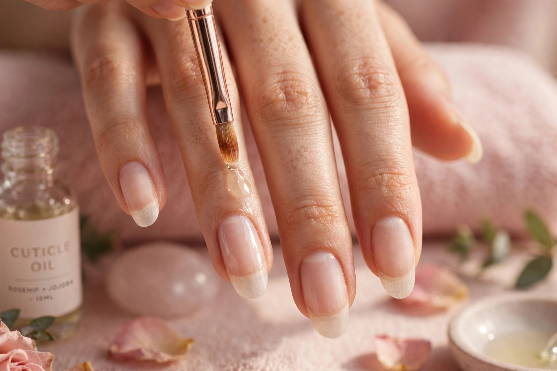 Cuticle oil being applied around the base of long natural fingernails