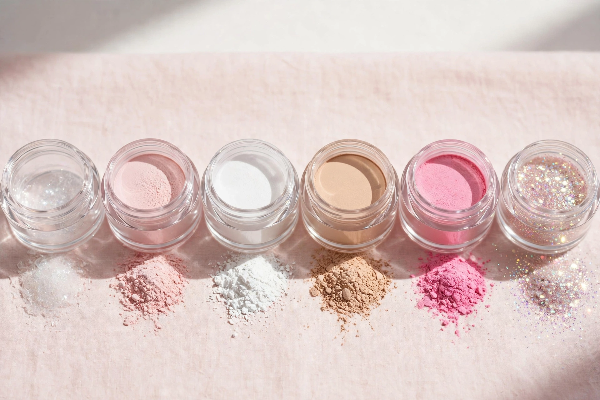 Types of acrylic nail powder in clear, pink, white, cover, colored, and glitter finishes
