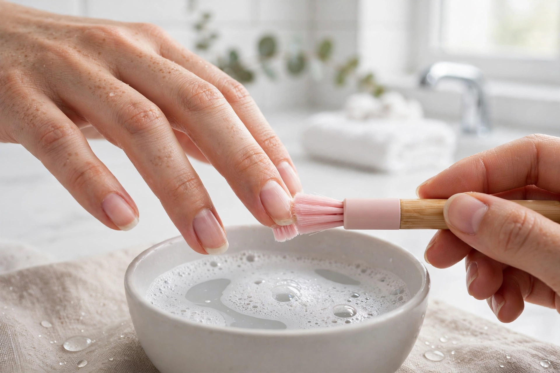 A soft nail brush used to gently clean beneath natural fingernails