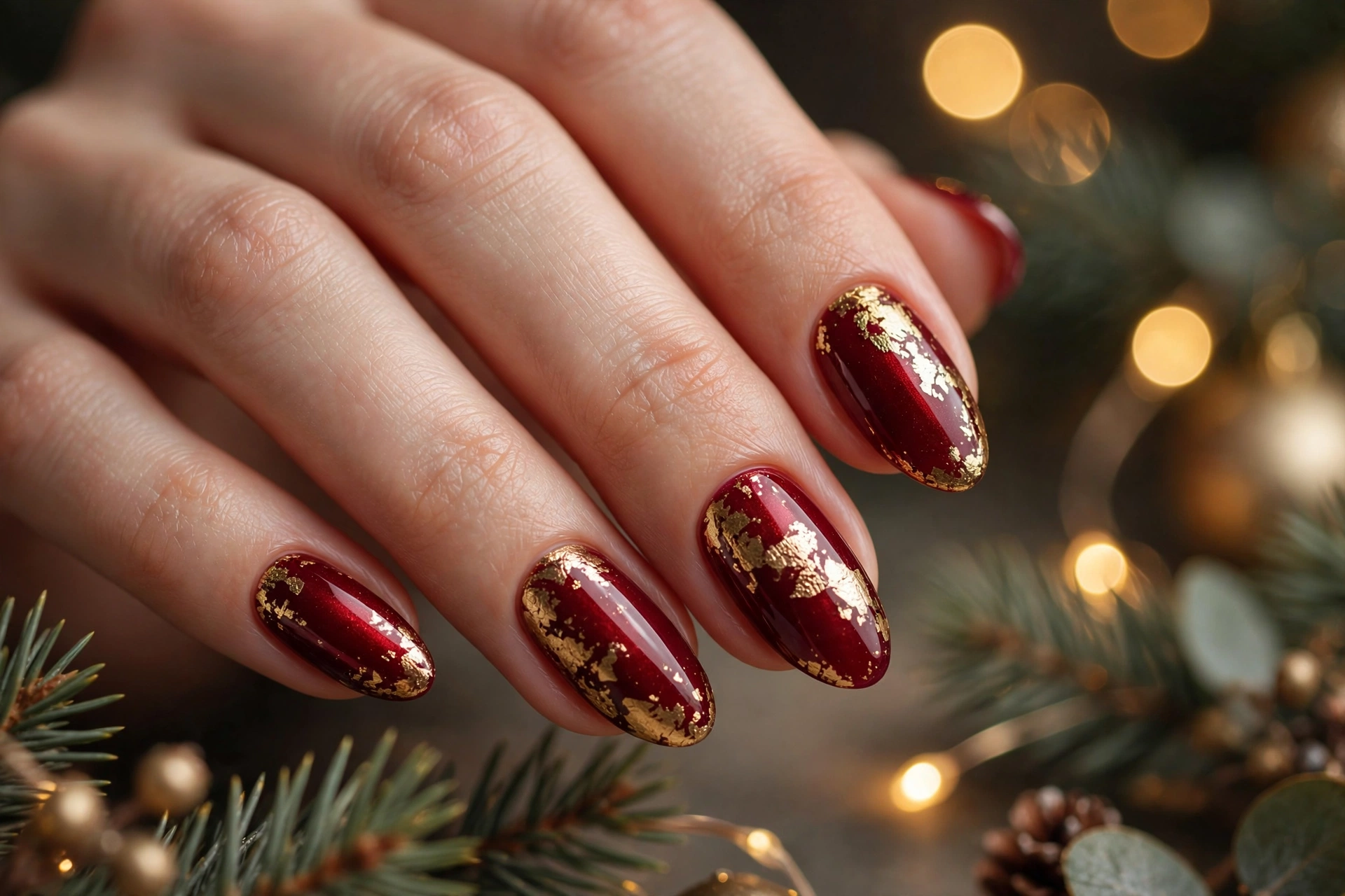 Christmas nail designs featuring deep red polish and gold foil.
