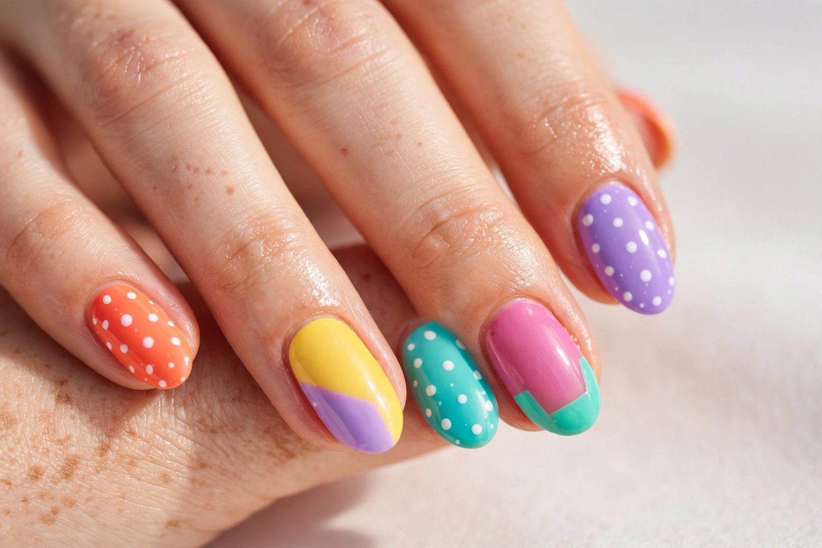 Colorful nail designs with rainbow color blocking and polka dots