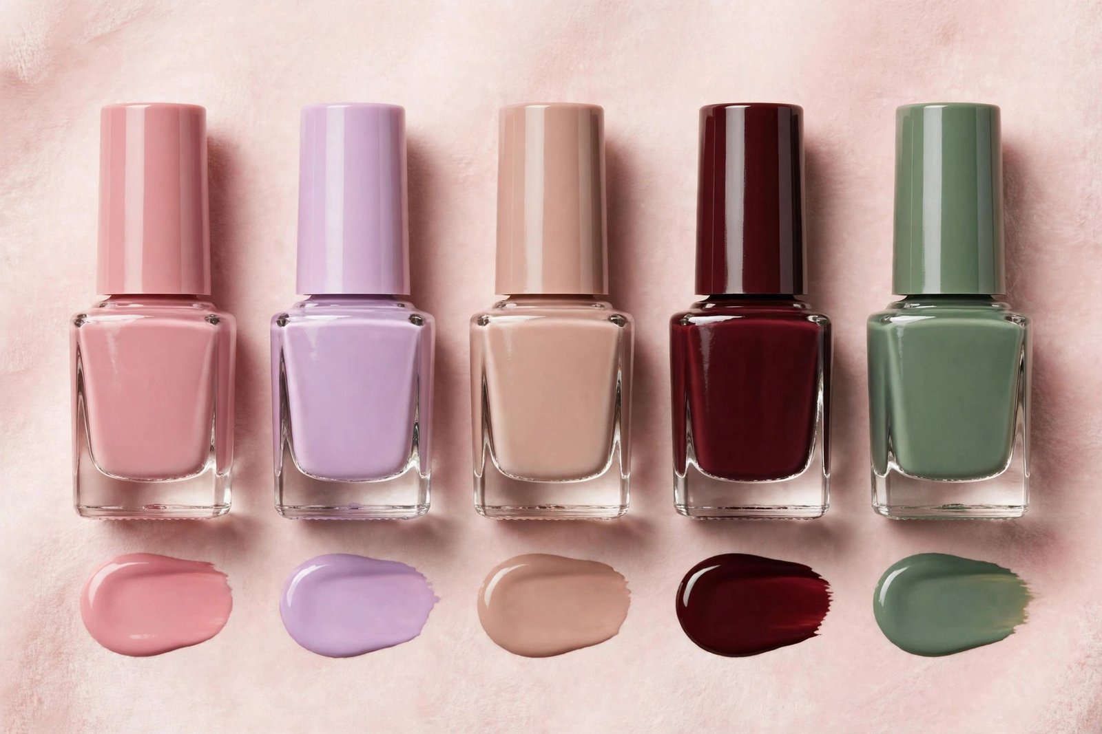 Nail polish color swatches in blush pink, pastel lilac, nude, burgundy, and green