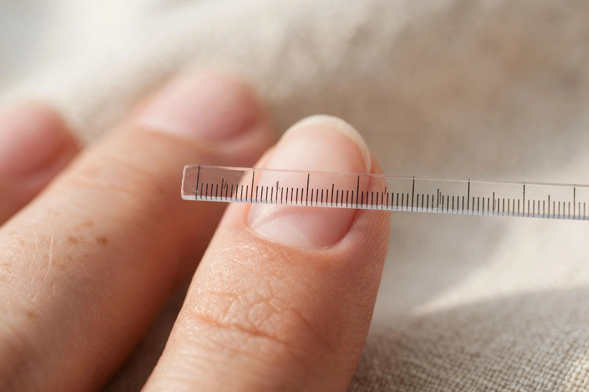 Measuring natural nail width in millimeters for press-on nail sizing.