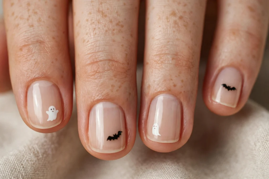 Short Halloween nails with ghost and bat nail art