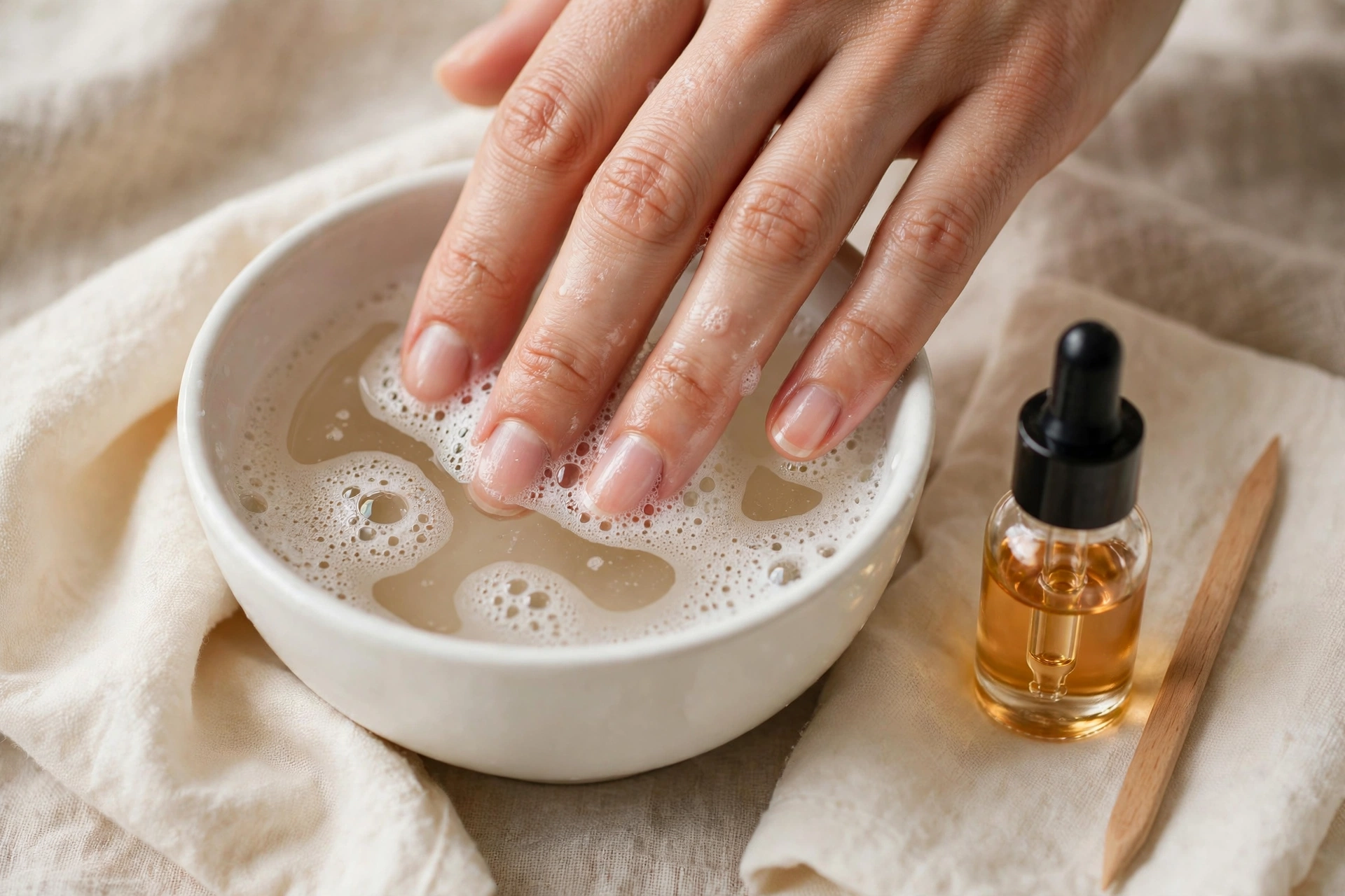 Supplies for gently removing press-on nails at home.