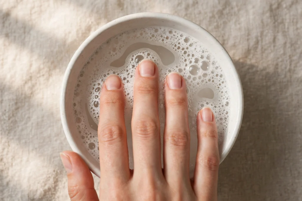 Safely soaking off Halloween press-on nails in warm soapy water