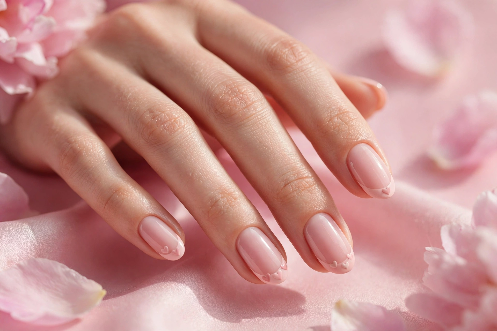 Pink Valentine's Day nails with French tips and tiny hearts.