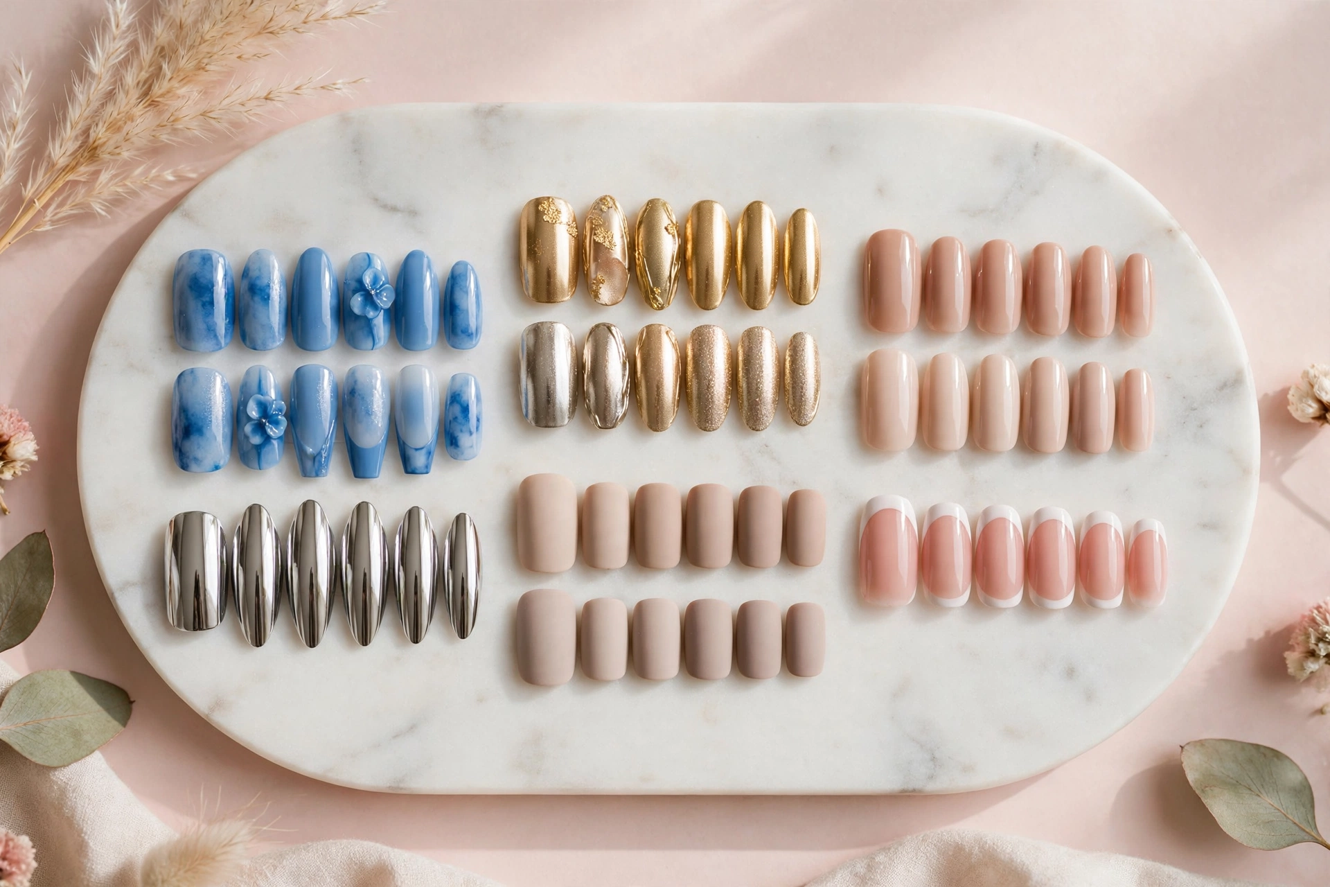 Blue, gold, nude, chrome, matte, and French-tip press-on nail designs.
